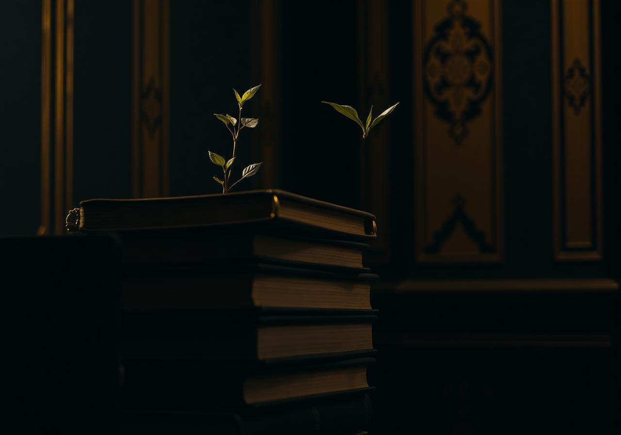 A small plant growing from a stack of vintage books