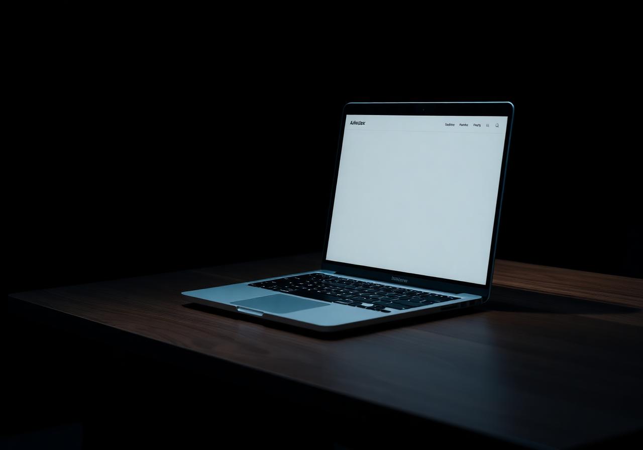 A laptop glowing softly on a dark walnut desk