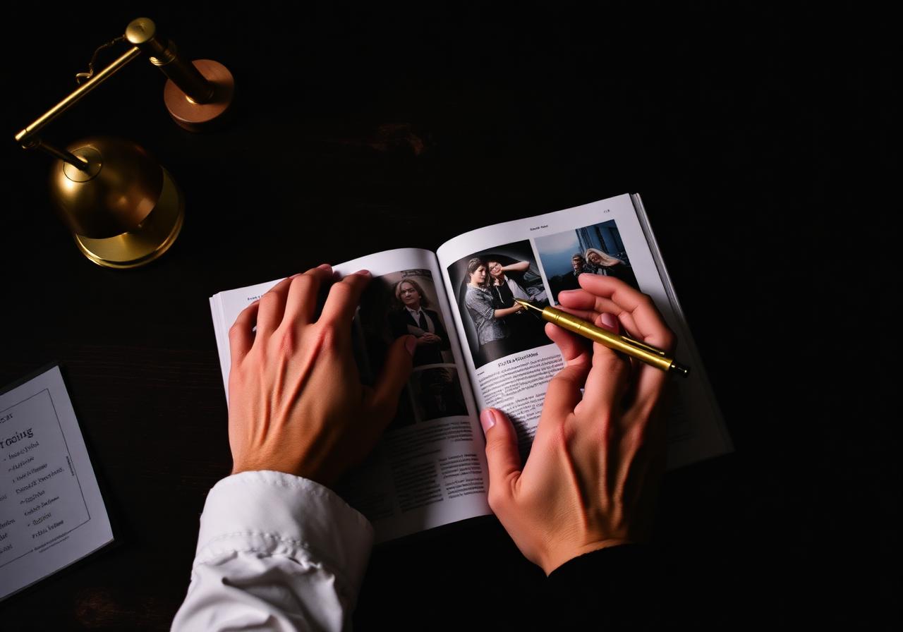 Two collaborators reviewing a magazine layout under a brass lamp