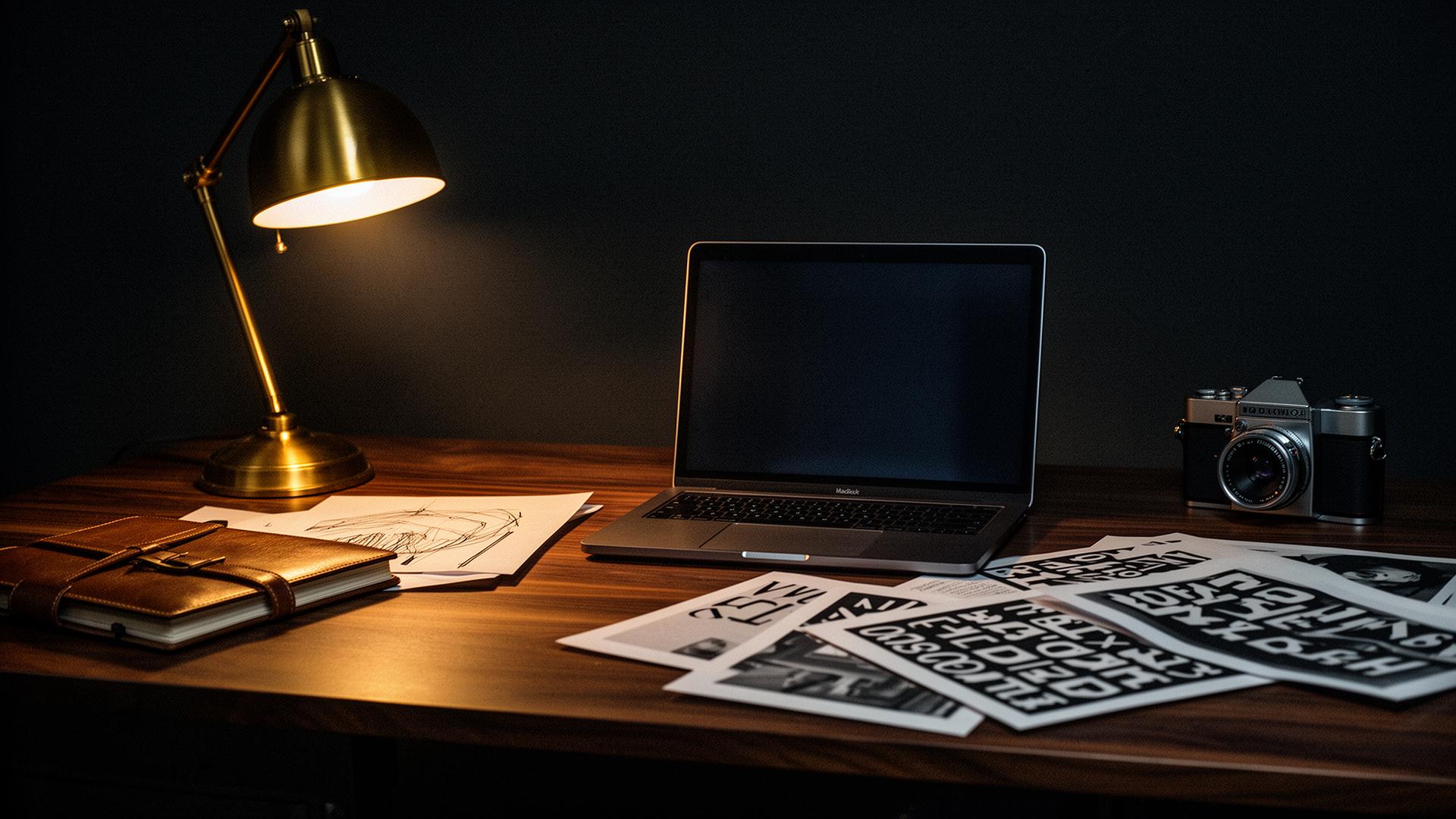 A walnut desk lit by a brass lamp with a laptop, leather sketchbook, vintage camera and typographic prints
