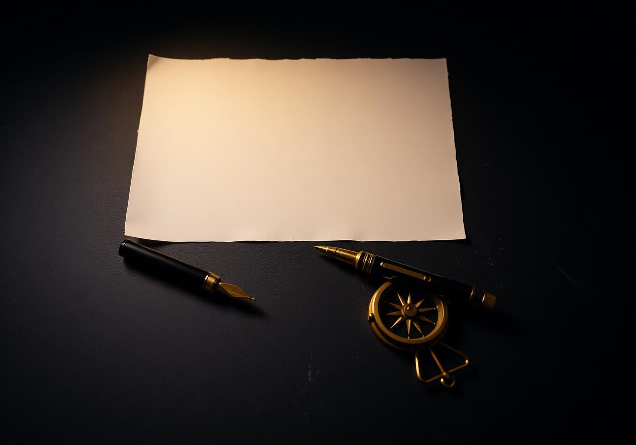A blank cream sheet of paper with a fountain pen and brass compass
