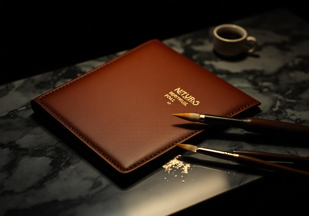 A bespoke leather portfolio with brushes and gold leaf on marble