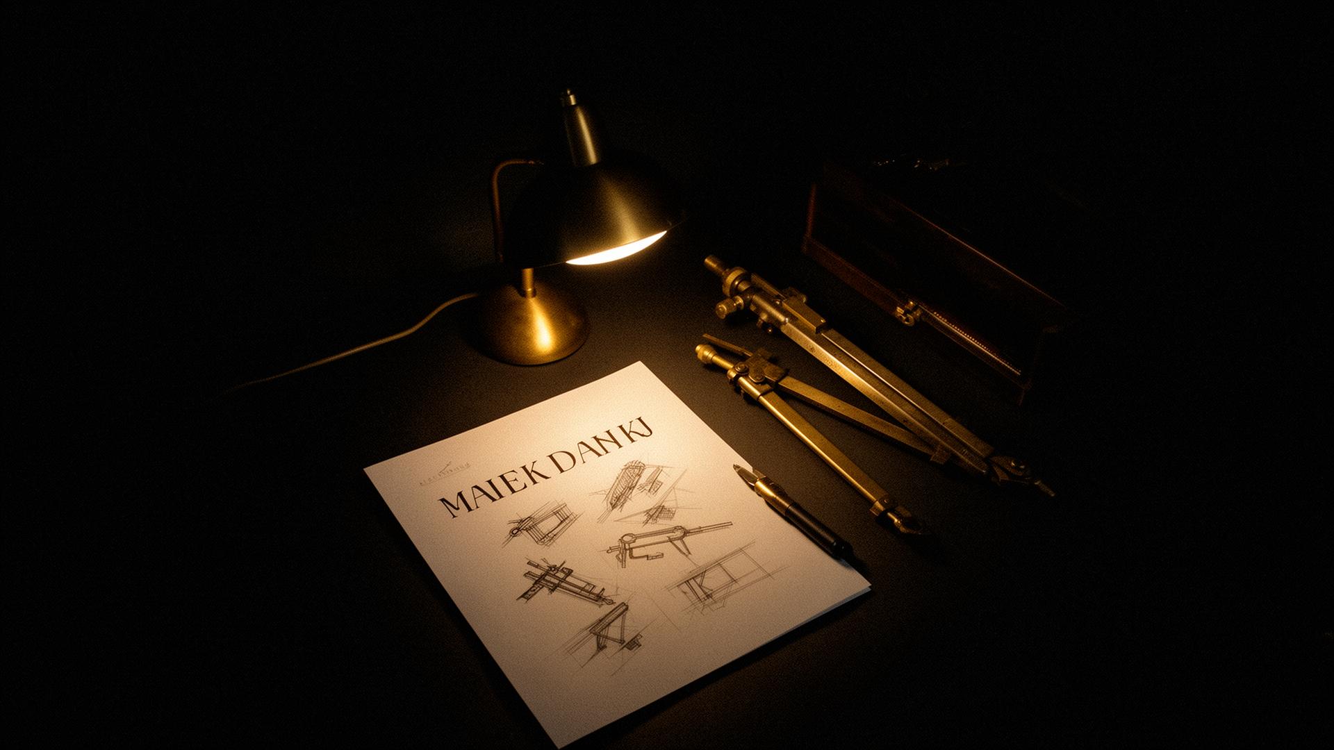 A brass desk lamp lighting a designer's sketchbook and drafting tools in a dark studio
